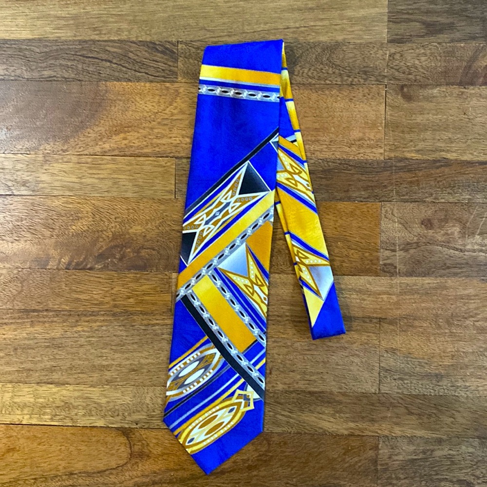 Vintage 100% silk golden geometric and royal blue tie